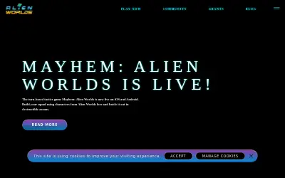 Website screenshot of Alien Worlds (2026-05-23)