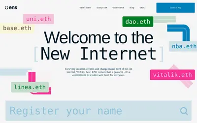 Website screenshot of Ethereum Name Service (2026-04-25)