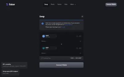 Website screenshot of Saber Wrapped USD Coin (2026-05-24)