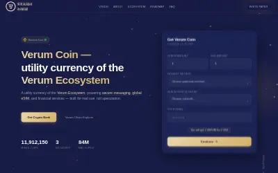 Website screenshot of Verum coin (2026-05-31)