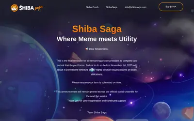 Website screenshot of Shiba Saga (2026-04-26)