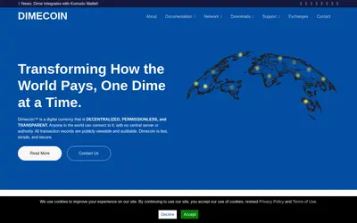 Website screenshot of Dimecoin (2026-05-21)