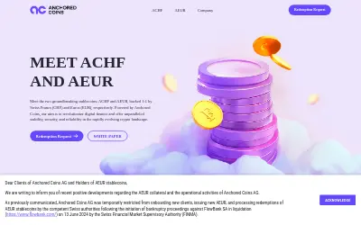 Website screenshot of Anchored Coins AEUR (2026-05-31)