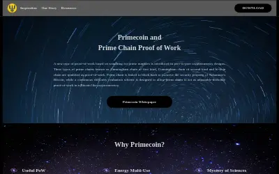 Website screenshot of Primecoin (2026-05-23)