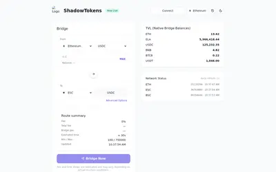 Website screenshot of ShadowTokens Bridged USDC (Elastos) (2026-05-20)