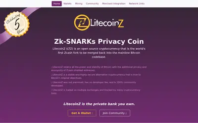 Website screenshot of LitecoinZ (2026-05-21)