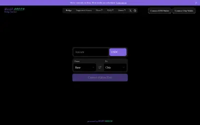 Website screenshot of Warp.Green Bridged USDC (Chia) (2026-06-01)