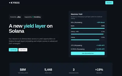 Website screenshot of Kyros Restaked SOL (2026-04-25)