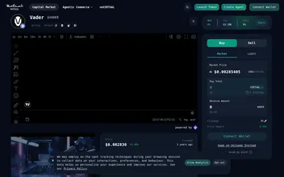 Website screenshot of VaderAI by Virtuals (2026-05-22)