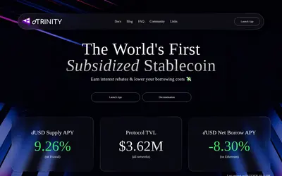 Website screenshot of dTRINITY USD (2026-04-23)