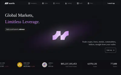 Website screenshot of Avantis (2026-05-20)