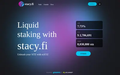 Website screenshot of Stacy Staked XTZ (2026-05-22)