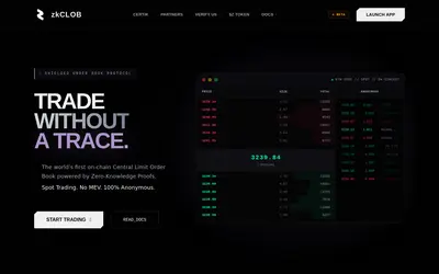 Website screenshot of zkCLOB (2026-04-24)