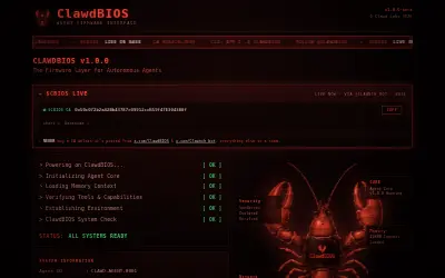 Website screenshot of ClawdBIOS (2026-06-12)