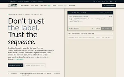 Website screenshot of Eluent Peptides (2026-05-02)